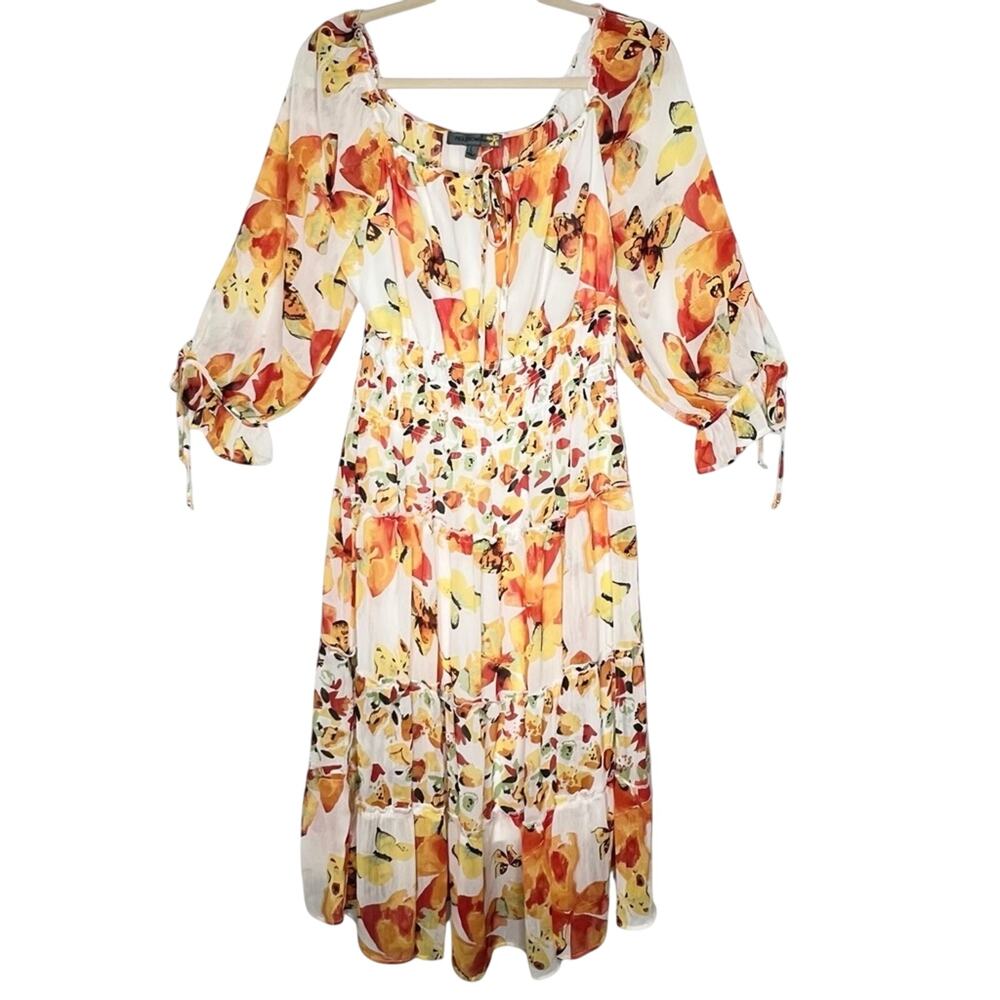 Figueroa & Flower Butterfly Midi Dress L Orange Smocked Peasant Tiered Cottage - Picture 2 of 13